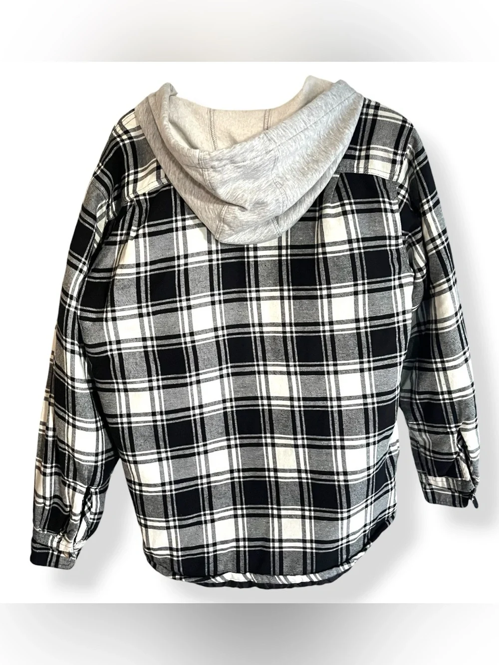 Wrangler Men's Black & White Plaid Hooded Flannel Shacket, M